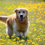 Un Golden Retriever adulto, sano e sorridente, che corre gioiosamente in un prato fiorito durante una giornata di sole, teleobiettivo 100-400mm, fast shutter speed per catturare il movimento, luce naturale brillante.