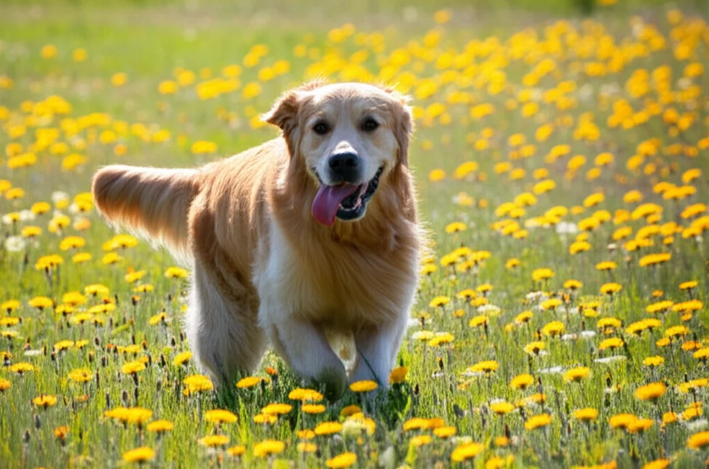 Un Golden Retriever adulto, sano e sorridente, che corre gioiosamente in un prato fiorito durante una giornata di sole, teleobiettivo 100-400mm, fast shutter speed per catturare il movimento, luce naturale brillante.