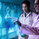 Un medico e un ricercatore che esaminano dati complessi su uno schermo olografico futuristico, con grafici di sopravvivenza al cancro e doppie eliche di DNA visibili. Illuminazione da studio, obiettivo da 35mm, profondità di campo per mettere a fuoco i volti e lo schermo, duotone ciano e magenta.