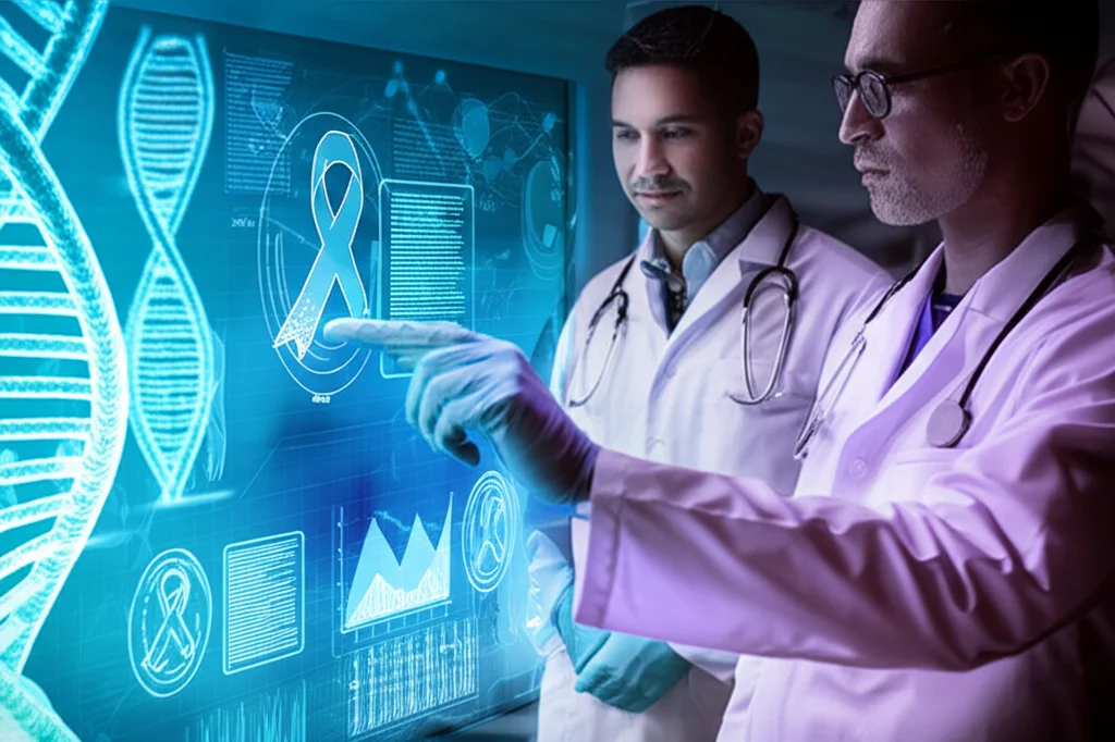 Un medico e un ricercatore che esaminano dati complessi su uno schermo olografico futuristico, con grafici di sopravvivenza al cancro e doppie eliche di DNA visibili. Illuminazione da studio, obiettivo da 35mm, profondità di campo per mettere a fuoco i volti e lo schermo, duotone ciano e magenta.