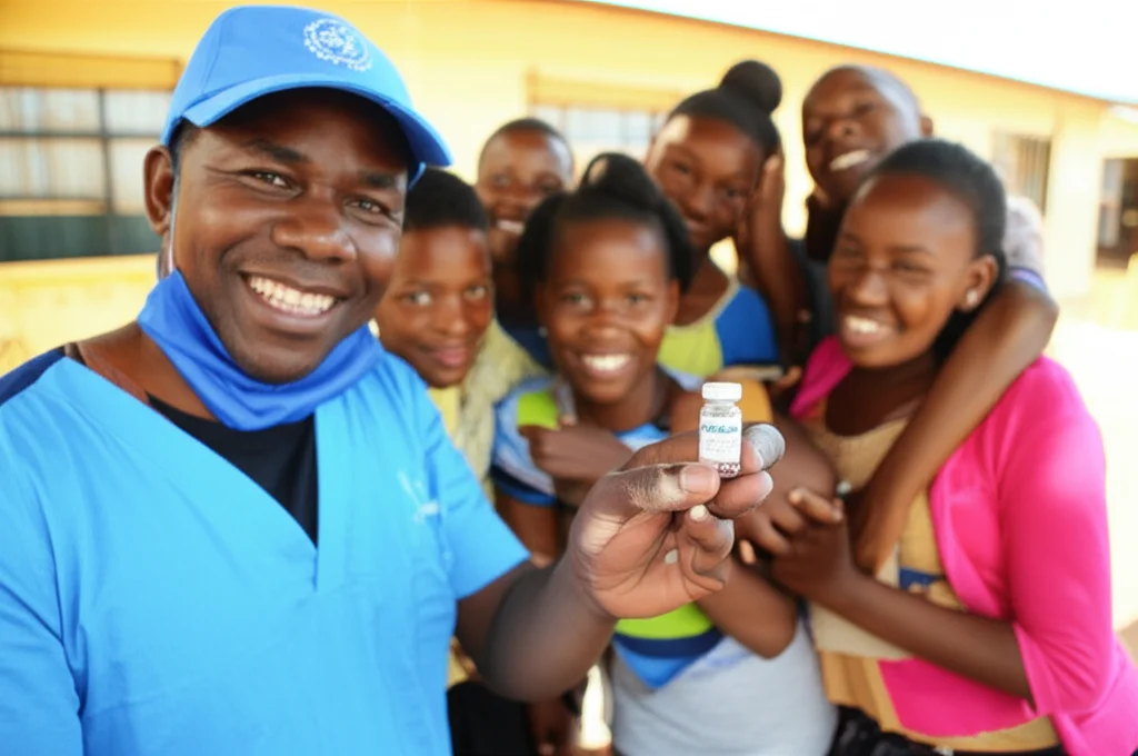 Un'immagine emblematica della campagna di vaccinazione HPV in Camerun: un operatore sanitario sorridente che mostra un flaconcino di vaccino, con un gruppo diversificato di adolescenti felici e fiduciosi sullo sfondo, in un ambiente comunitario luminoso. Prime lens, 35mm, profondità di campo, colori caldi e speranzosi, stile fotogiornalistico.