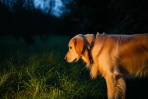 Un'immagine toccante che mostra un cane domestico, forse un Golden Retriever, che guarda con curiosità verso un'area ombreggiata di un giardino dove potrebbe essere nascosta un'esca rodenticida. L'illuminazione è crepuscolare, creando un'atmosfera di pericolo imminente. Obiettivo prime 50mm, profondità di campo ridotta per focalizzare l'attenzione sul cane e sull'area sospetta, suggerendo la vulnerabilità degli animali non target.
