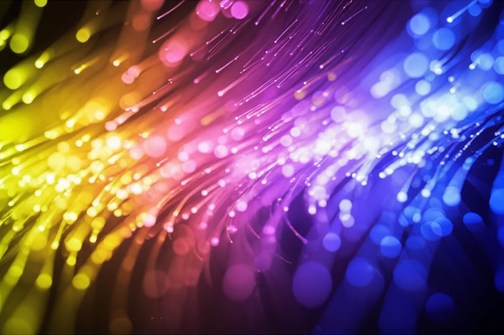 Visualizzazione astratta e artistica di particelle biologiche (sfere luminose) che si muovono attraverso un gradiente di colore che rappresenta una sostanza chimica, all'interno di un dominio limitato. Obiettivo grandangolare 20mm per una vista espansiva, lunga esposizione per creare scie di luce dalle particelle in movimento, colori vibranti e contrastanti per il gradiente chimico, effetto bokeh sullo sfondo.