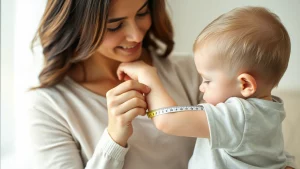 A mother gently measuring her child's arm with a color-coded MUAC tape, 35mm portrait, depth of field, natural light, photorealistic.