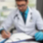 A photorealistic image using a prime lens, 35mm focal length, depicting a medical professional reviewing data or guidelines related to heart health, with depth of field.