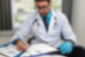 A photorealistic image using a prime lens, 35mm focal length, depicting a medical professional reviewing data or guidelines related to heart health, with depth of field.