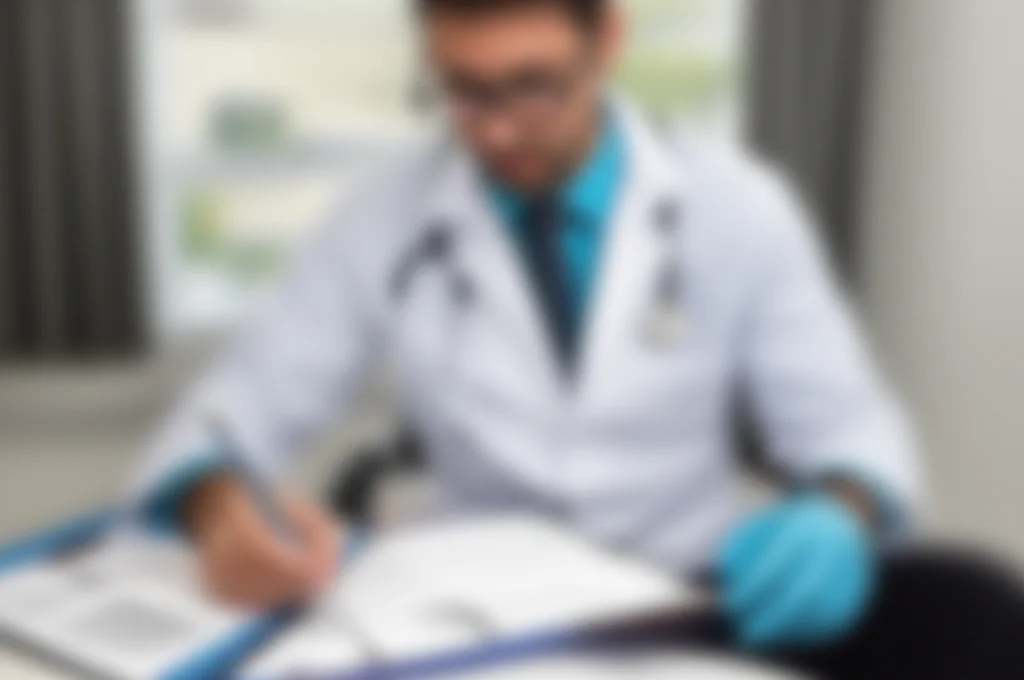 A photorealistic image using a prime lens, 35mm focal length, depicting a medical professional reviewing data or guidelines related to heart health, with depth of field.