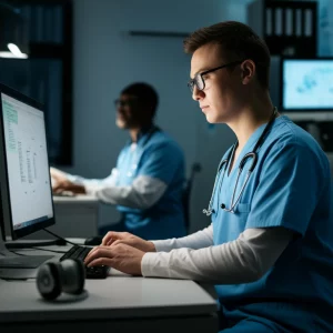 AI system analyzing patient conversation for triage in a busy emergency department, wide-angle 24mm, high detail, controlled lighting.