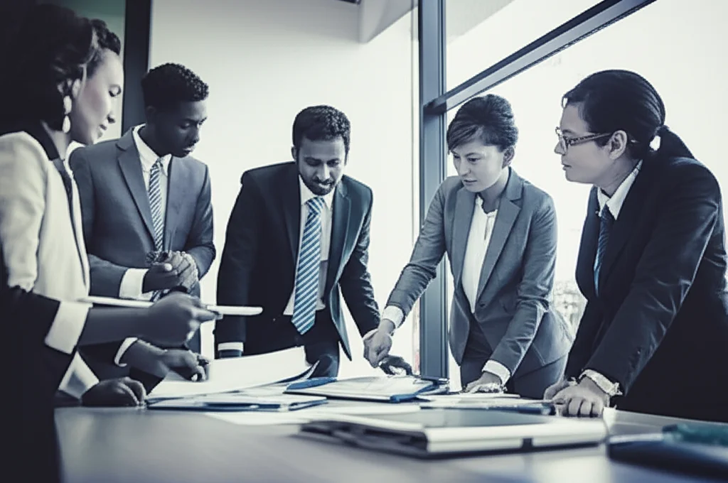 Fotografia di ritratto di un gruppo di diversi professionisti delle imprese africane in una moderna sala del consiglio, discutendo in modo collaborativo strategie di gestione dei rischi attorno a una tavola grande con documenti e tablet, lenti da 35 mm, profondità di campo, seppia duotone e blu, che simboleggia il lavoro di squadra nell'implementazione ERM.