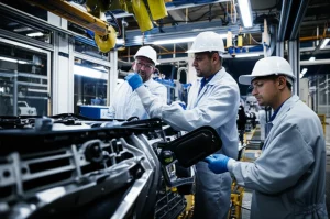 Fotografia grandangolare 20mm di una moderna fabbrica indiana di veicoli elettrici, con linee di assemblaggio automatizzate illuminate da luci brillanti e tecnici qualificati in uniforme che collaborano su un veicolo elettrico parzialmente assemblato, focus nitido sull'interazione uomo-macchina, simboleggiando l'incontro tra tecnologia avanzata e sviluppo della forza lavoro per la competitività futura.