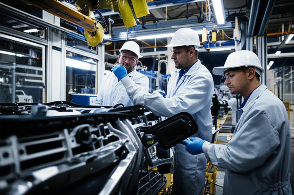 Fotografia grandangolare 20mm di una moderna fabbrica indiana di veicoli elettrici, con linee di assemblaggio automatizzate illuminate da luci brillanti e tecnici qualificati in uniforme che collaborano su un veicolo elettrico parzialmente assemblato, focus nitido sull'interazione uomo-macchina, simboleggiando l'incontro tra tecnologia avanzata e sviluppo della forza lavoro per la competitività futura.