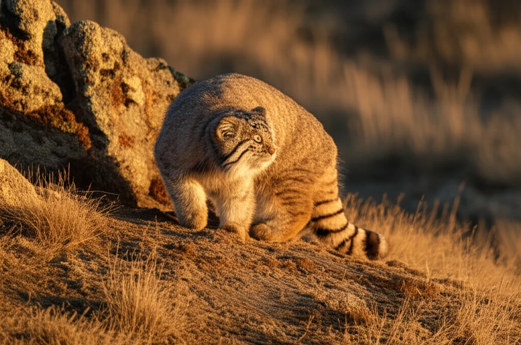 Fotografia naturalistica di un gatto di Pallas (Manul) che sbuca da dietro una roccia nella steppa mongola del Parco Nazionale Hustai, luce dorata del tardo pomeriggio, erba secca e terreno roccioso, teleobiettivo 400mm, scatto rapido, tracciamento del movimento, alta definizione, messa a fuoco precisa sull'animale.