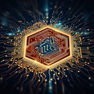 Immagine concettuale ad alto impatto visivo che mostra un flusso di dati digitali dorati (transazioni finanziarie) che vengono analizzati da una rete neurale luminosa sovrapposta a un simbolo quantistico stilizzato. Alcuni flussi di dati sono evidenziati in rosso (frodi). Stile high-tech, profondità di campo, obiettivo 35mm, toni blu e oro.