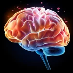 Immagine concettuale astratta che rappresenta la rapida dissoluzione di un coagulo (ematoma) all'interno di una stilizzazione del cervello umano. Effetti di luce dinamici suggeriscono velocità ed efficacia. Illuminazione controllata, dettagli elevati, obiettivo macro 60mm.