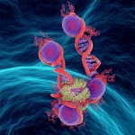 Immagine concettuale fotorealistica dell'editing epigenomico in vivo: la proteina NovaIscB, progettata con guida evolutiva, che modifica con precisione l'epigenoma all'interno di una cellula. Dettagli molecolari ad alta definizione, illuminazione drammatica, obiettivo macro 60mm per enfatizzare la precisione, con sfondo leggermente sfocato per effetto profondità di campo.