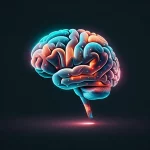 Immagine concettuale fotorealistica di un cervello umano stilizzato fuso con circuiti digitali luminosi e colorati, rappresentante la simbiosi tra creatività umana e intelligenza artificiale generativa. Illuminazione drammatica, dettagli elevati dei circuiti, obiettivo 50mm prime lens, sfondo scuro.