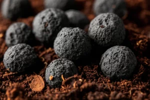 Macro shot of biochar-based fertilizer pellets in rich soil, showing high detail and precise focusing. Use 60mm Macro lens, controlled lighting.