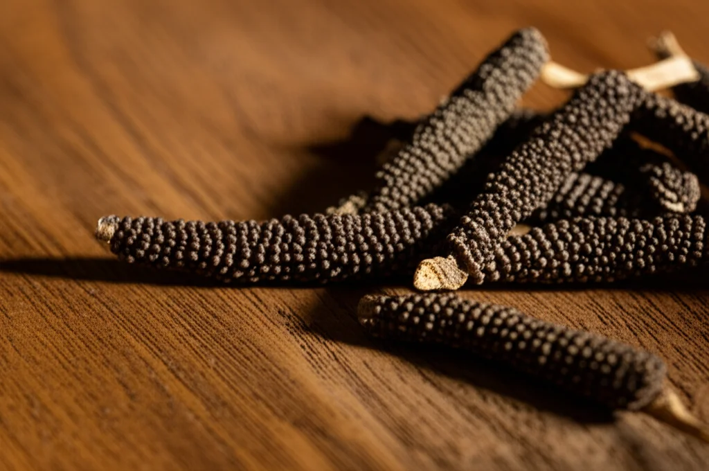 Primo piano fotorealistico di frutti di Piper longum essiccati su una superficie di legno rustico, obiettivo macro 100mm, illuminazione laterale morbida che ne esalta la texture e i dettagli, suggerendo il potenziale naturale della pianta.