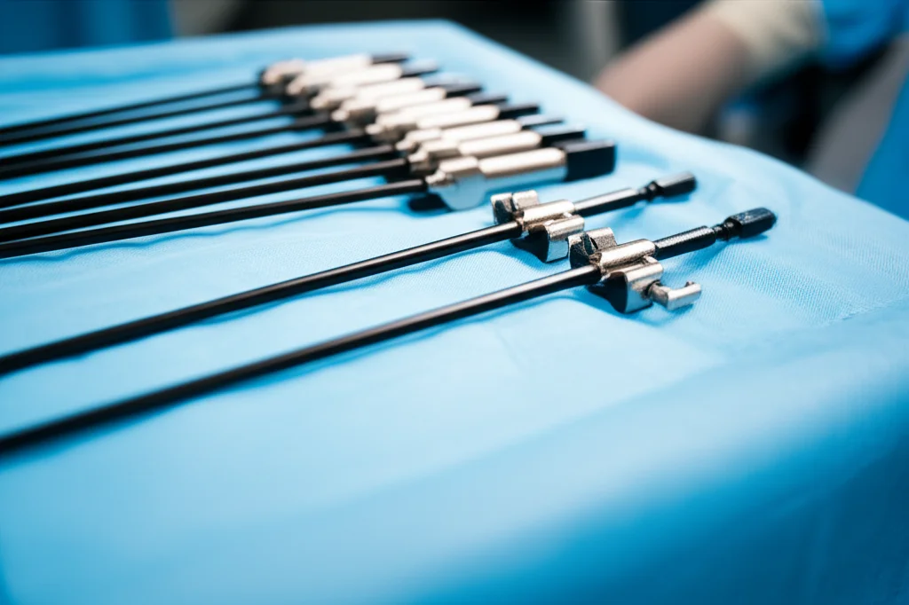 Primo piano fotorealistico di strumenti chirurgici laparoscopici avanzati appoggiati su un telo sterile blu in una sala operatoria. Dettagli metallici brillanti, messa a fuoco precisa, luce chirurgica intensa. Obiettivo macro 100mm, alta definizione.