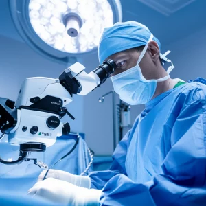 Ritratto di un neurochirurgo concentrato, che osserva attraverso un exoscopio o microscopio operatorio durante un intervento di clipping di aneurisma cerebrale. Luce operatoria intensa che illumina il campo. Obiettivo prime 35mm, profondità di campo ridotta per focalizzare sul chirurgo e sull'attrezzatura. Tonalità duotone blu e grigio per un effetto drammatico e professionale.