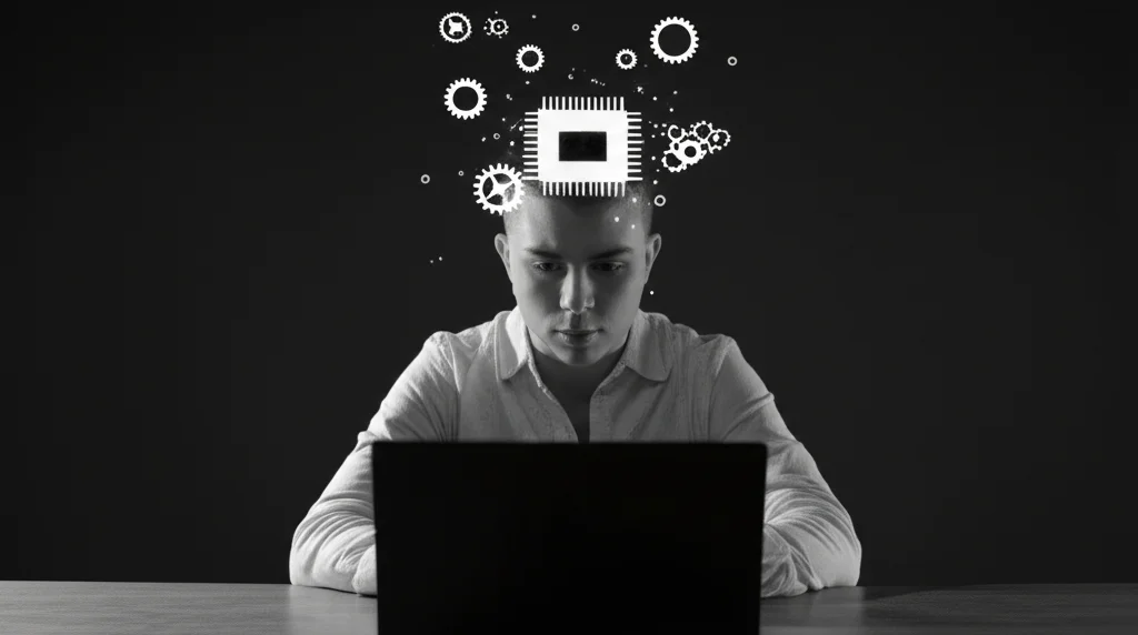 Ritratto di uno studente universitario che riflette profondamente davanti a un laptop aperto, con simboli astratti di intelligenza artificiale e ingranaggi che fluttuano leggermente intorno alla sua testa, a simboleggiare il dilemma etico. Prime lens, 35mm, film noir style, depth of field.