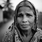 Ritratto intenso di una donna di mezza età a Matlab, Bangladesh, il suo sguardo riflette esperienze di vita, lutto e speranza per la famiglia. Obiettivo prime 35mm, stile film noir con forti contrasti bianco/nero, profondità di campo che isola il soggetto dallo sfondo rurale.