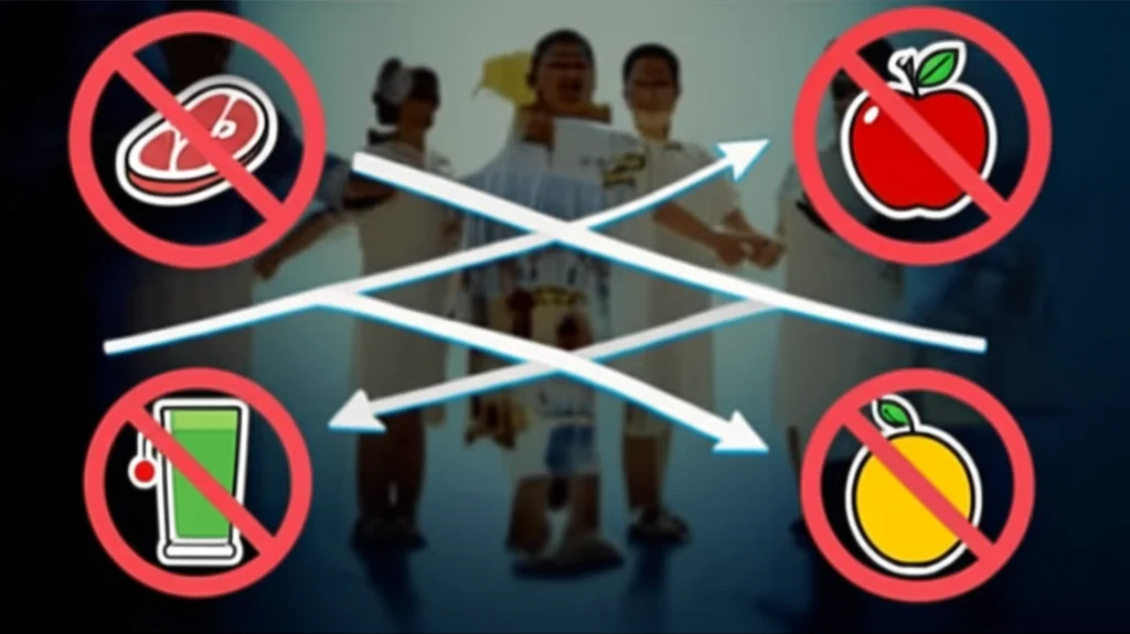 Un grafico stilizzato che mostra una linea di pressione sanguigna con un punto di discontinuità che porta a due percorsi dietetici divergenti, uno positivo (riduzione grassi, icona di una bistecca barrata) e uno negativo (riduzione frutta, icona di una mela barrata), con figure umane cinesi sullo sfondo. High detail, controlled lighting, per rappresentare visivamente i risultati contrastanti dello studio sull'ipertensione e la dieta in Cina.