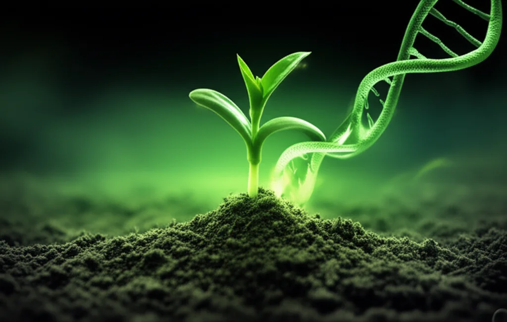 Un'immagine concettuale che rappresenta la speranza nella ricerca sul cancro: una doppia elica di DNA luminosa che si trasforma in un germoglio verde che cresce da un terreno scuro (simbolo del tumore), illuminazione soft e ispiratrice, obiettivo macro 60mm, messa a fuoco precisa sul germoglio.