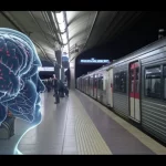 Visualizzazione concettuale del cervello umano traslucido, con particelle scure simili a nanoparticelle di ferro che si accumulano visibilmente in aree specifiche come l'ippocampo e la substantia nigra. Sullo sfondo, l'immagine sfocata e dinamica di una banchina della metropolitana affollata, con luci al neon e movimento. Illuminazione drammatica in stile film noir, con contrasti forti tra luci e ombre.