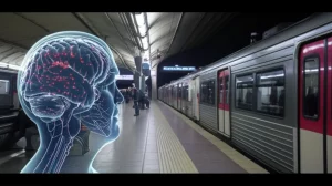 Visualizzazione concettuale del cervello umano traslucido, con particelle scure simili a nanoparticelle di ferro che si accumulano visibilmente in aree specifiche come l'ippocampo e la substantia nigra. Sullo sfondo, l'immagine sfocata e dinamica di una banchina della metropolitana affollata, con luci al neon e movimento. Illuminazione drammatica in stile film noir, con contrasti forti tra luci e ombre.