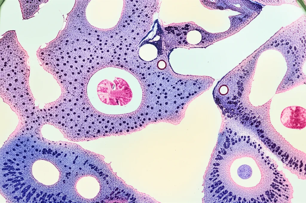 A detailed macro shot of a medical lab slide showing cellular structures, 105mm macro lens, high detail, precise focusing, controlled lighting.