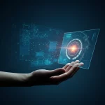 Concetto di Cyber Threat Intelligence azionabile: una mano che interagisce con un'interfaccia olografica futuristica mostrando dati di minacce informatiche connessi a specifiche azioni difensive, illuminazione drammatica, obiettivo 35mm, profondità di campo, colori blu e arancio duotone.