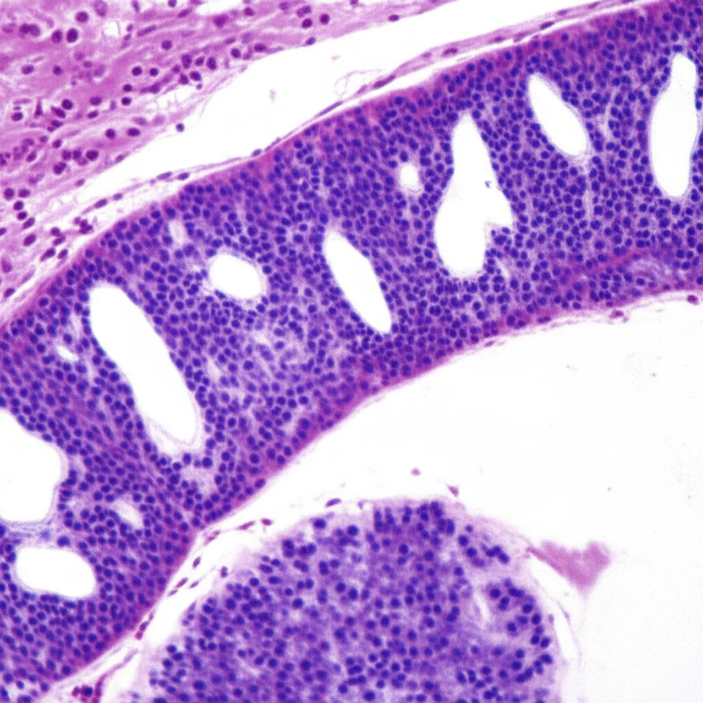 Immagine al microscopio di un campione di tessuto prostatico con sovrapposizioni digitali generate da AI che evidenziano i pattern di Gleason con colori diversi. Macro lens, 100mm, high detail, illuminazione da laboratorio, focus preciso sulle strutture cellulari indicative dei diversi gradi di Gleason.