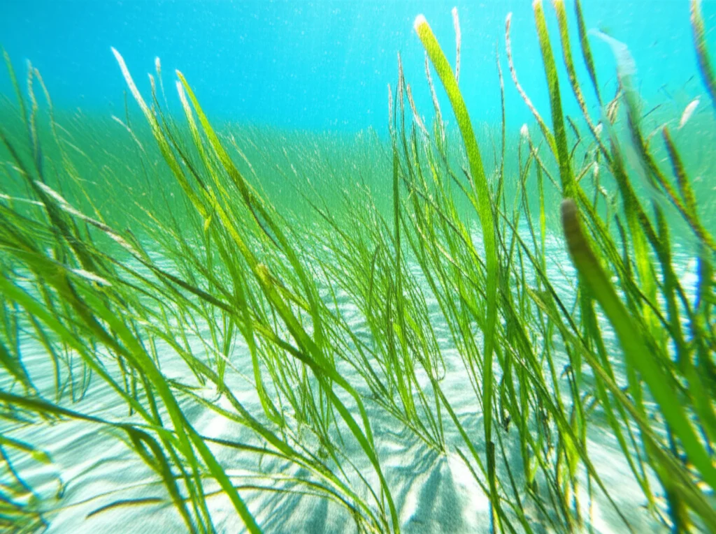 Panoramica sottomarina di una lussureggiante prateria di Zostera marina, wide-angle 18mm, luce solare che penetra la superficie creando raggi luminosi (effetto 'god rays'), messa a fuoco nitida sulle foglie verdi brillanti che ondeggiano dolcemente, fondale sabbioso chiaro visibile tra i ciuffi, simbolo di una soluzione basata sulla natura per il clima e la biodiversità.