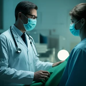 Un medico e un'interfaccia AI stilizzata che collaborano su una diagnosi di salute mentale, visualizzazione astratta. Obiettivo prime 50mm, duotone blu e verde acqua, profondità di campo, illuminazione soffusa e high detail.