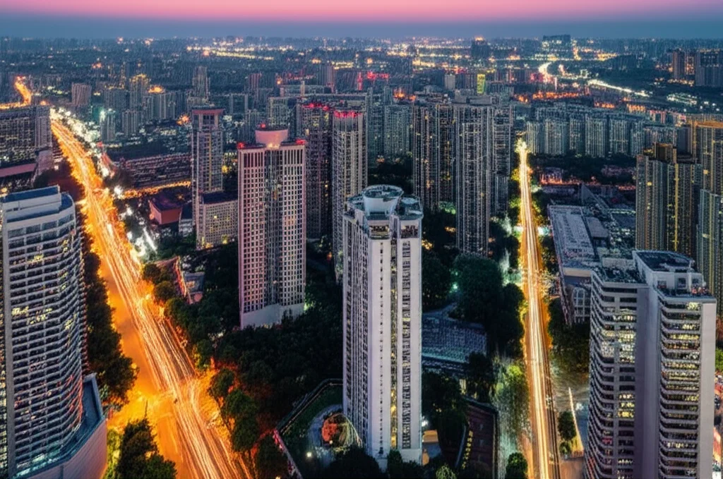 Veduta grandangolare di un quartiere urbano densamente popolato in Cina al tramonto, con un mix di edifici residenziali moderni e più vecchi, alcuni con segni di usura. Obiettivo grandangolare 20mm, lunga esposizione per catturare le luci della città, mettendo in evidenza la complessità abitativa e le diverse condizioni degli alloggi.