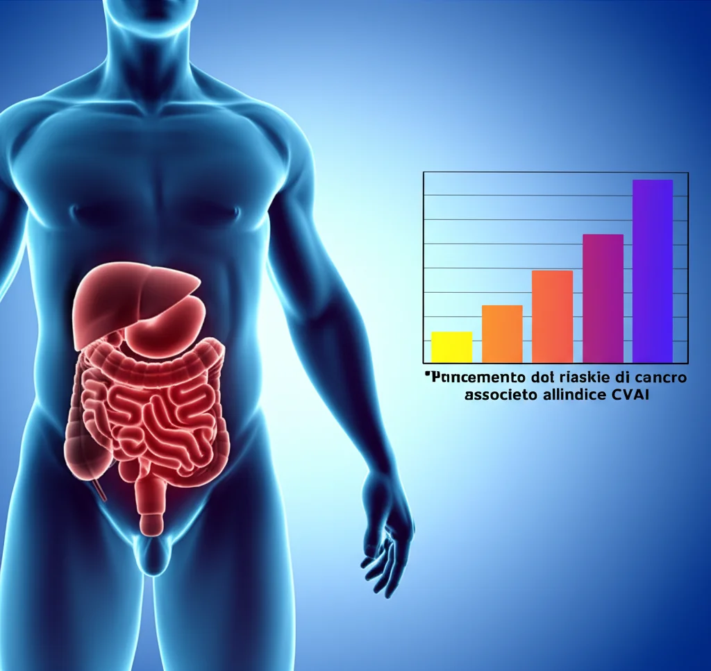 Visualizzazione 3D stilizzata di un corpo umano maschile asiatico, con il grasso viscerale evidenziato in rosso attorno agli organi addominali, accanto a un grafico a barre che mostra l'incremento del rischio di cancro associato all'indice CVAI. Prime lens, 50mm, depth of field, illuminazione drammatica per enfatizzare l'area del grasso viscerale e il grafico.