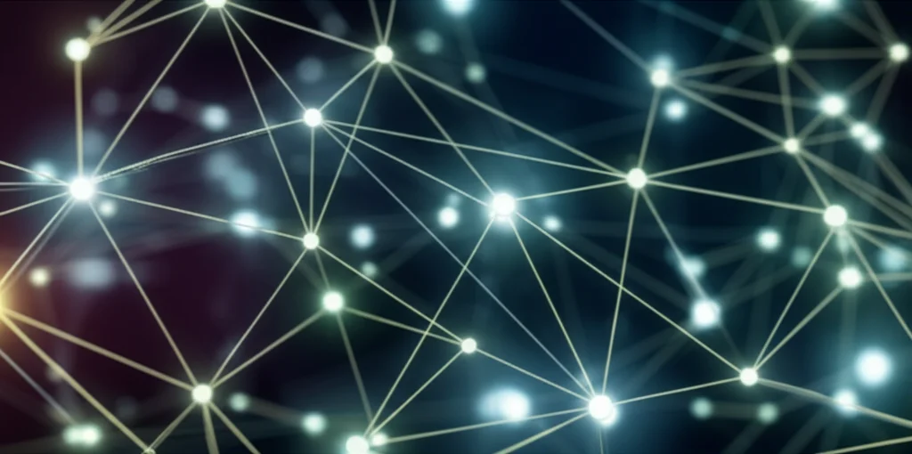 Visualizzazione artistica di una rete complessa di geni interconnessi, con alcuni nodi luminosi che rappresentano varianti genetiche, sfondo scuro per contrasto, stile high-tech, illuminazione drammatica, teleobiettivo zoom 100mm, alta definizione.