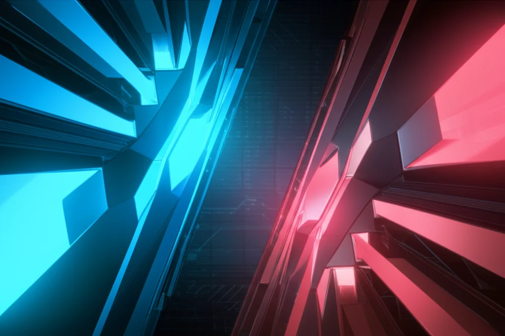 Visualizzazione astratta di due forze opposte, rappresentate da forme geometriche luminose blu e rosse, che trovano un punto di equilibrio al centro di uno sfondo scuro con texture high-tech. Obiettivo prime 50mm, illuminazione drammatica che evidenzia i contorni delle forme, alta definizione, profondità di campo.