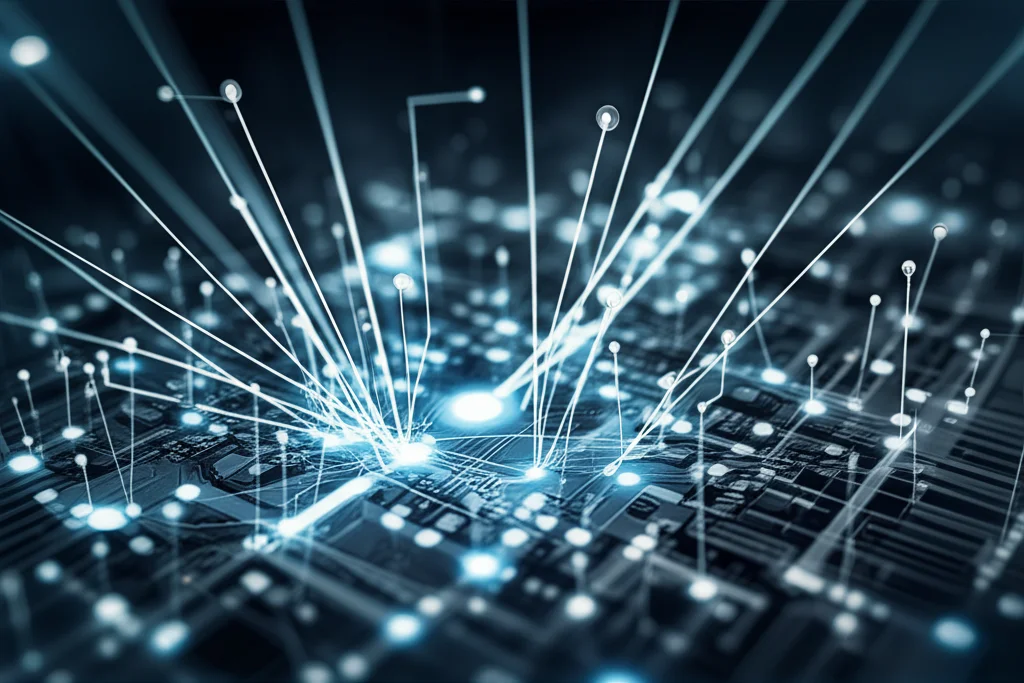 Visualizzazione astratta di un cervello digitale che analizza stringhe di testo interconnesse, con alcune connessioni lunghe e brillanti che superano aree 'rumorose' o confuse. L'immagine dovrebbe avere una profondità di campo marcata, con un obiettivo prime da 35mm, e una palette di colori duotone blu e argento per un look tecnologico e sofisticato.