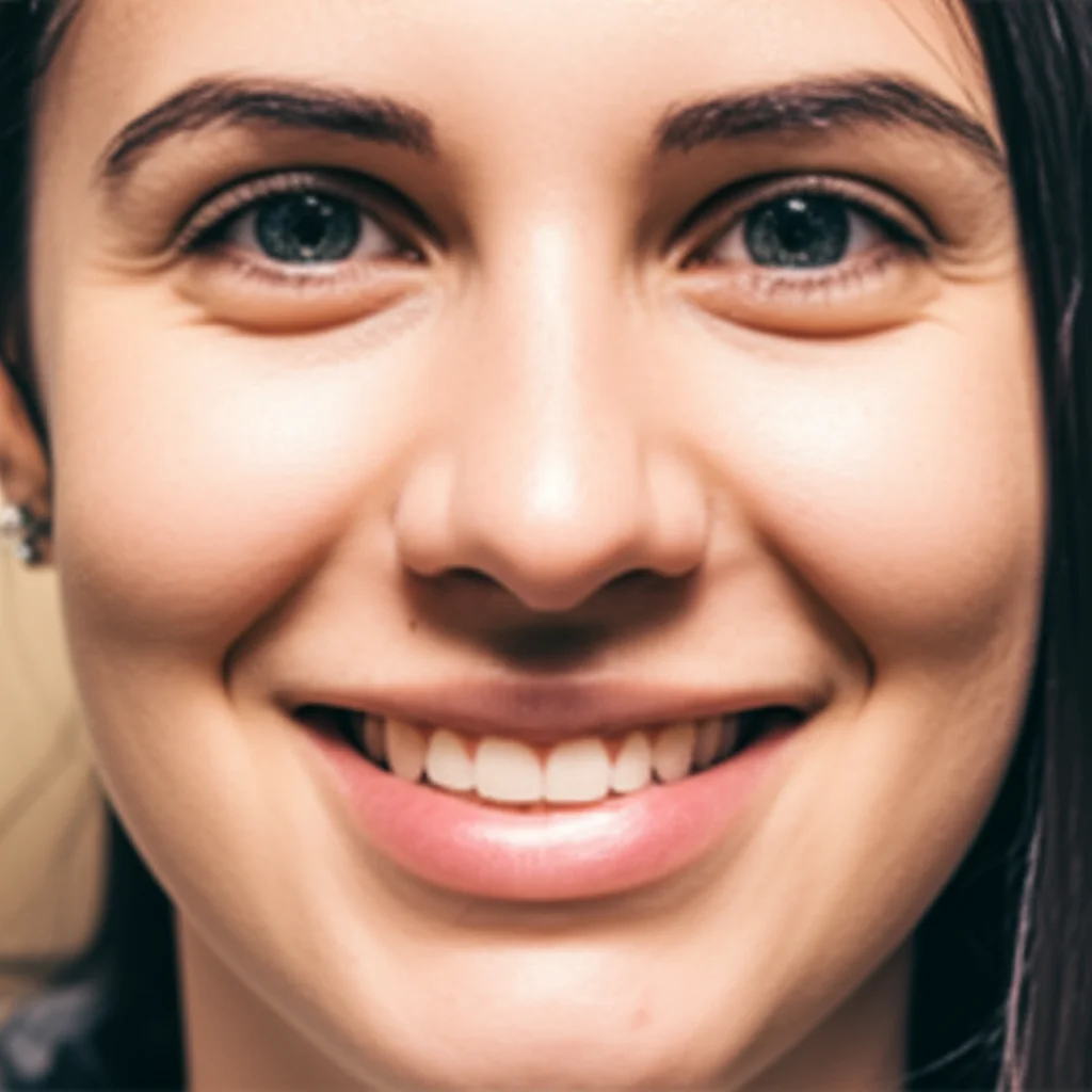A close-up portrait of a person smiling, showing improved facial symmetry after treatment, 35mm lens, warm natural light, shallow depth of field.