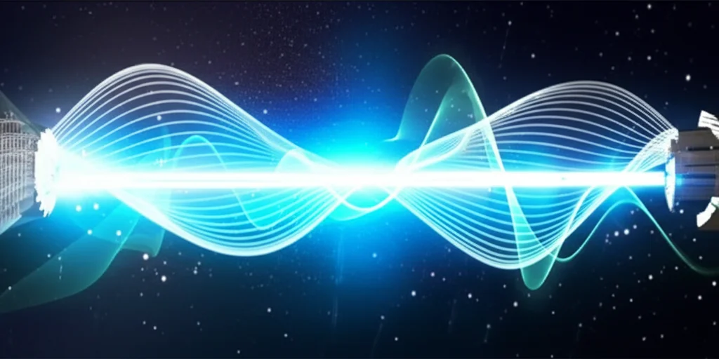 Immagine concettuale che mostra un fascio di luce laser (colore ciano brillante) che viene 'spremuto' da forze quantistiche astratte (onde o particelle luminose), con grafici di dati sovrapposti che mostrano un miglioramento della precisione. Sfondo scuro high-tech. Messa a fuoco nitida sul fascio di luce.