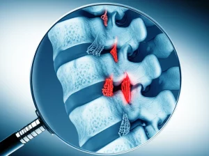 Immagine medica concettuale che illustra la tecnica di spinous process splitting sulla colonna lombare, con un focus sulla preservazione dei muscoli paravertebrali. Si vede una sezione trasversale della colonna con muscoli sani e ben conservati attorno all'area dell'intervento (post-SPS). Utilizzare una lente da 35mm, con profondità di campo per mettere a fuoco la zona chirurgica, e un duotone blu e argento per un look moderno e scientifico, con dettagli anatomici precisi.