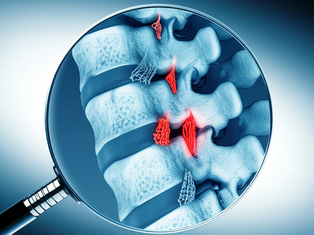 Immagine medica concettuale che illustra la tecnica di spinous process splitting sulla colonna lombare, con un focus sulla preservazione dei muscoli paravertebrali. Si vede una sezione trasversale della colonna con muscoli sani e ben conservati attorno all'area dell'intervento (post-SPS). Utilizzare una lente da 35mm, con profondità di campo per mettere a fuoco la zona chirurgica, e un duotone blu e argento per un look moderno e scientifico, con dettagli anatomici precisi.