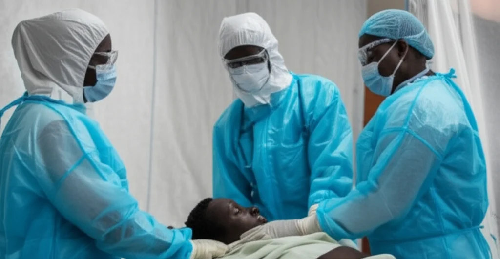 Photorealistic image of medical professionals in protective gear caring for a patient in an Ebola treatment center in the Democratic Republic of Congo, 35mm portrait, depth of field.