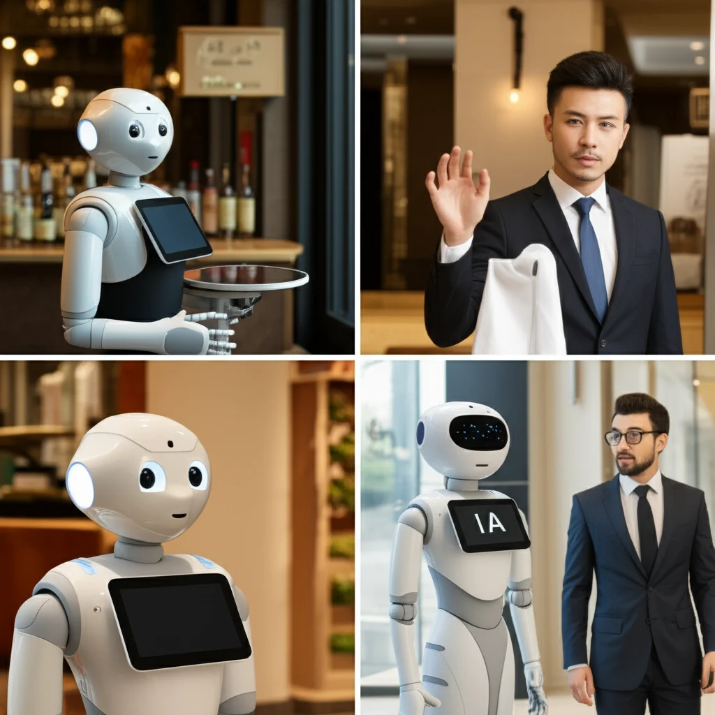 Un collage di immagini che mostra diverse interazioni uomo-robot: un robot cameriere in un ristorante, un assistente IA in un hotel e un robot guida in un negozio. Le persone mostrano espressioni miste di curiosità, preoccupazione per la privacy e accettazione, a seconda del grado di antropomorfismo del robot e del contesto. Fotografia realistica, prime lens, 35mm, depth of field, illuminazione varia per adattarsi ai diversi scenari.