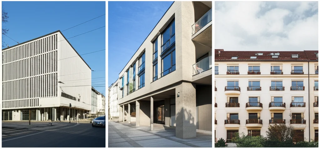 Un collage dinamico di tre diverse tipologie di nuovi edifici residenziali moderni che rappresentano visivamente Losanna, Lipsia e Breslavia. Ogni sezione del collage mostra un dettaglio architettonico distintivo o un elemento caratteristico del contesto urbano di ciascuna città. Obiettivo 50mm per una prospettiva naturale e bilanciata, illuminazione varia per simboleggiare i diversi contesti geografici e culturali, alta definizione per evidenziare i dettagli costruttivi e i materiali.