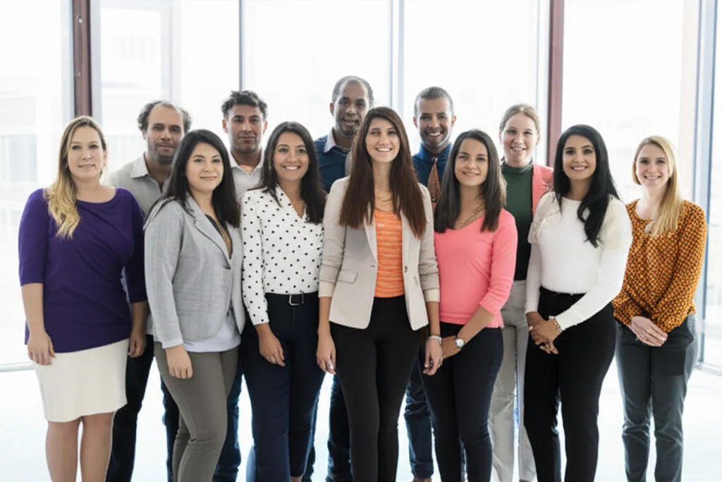 Un gruppo diversificato di insegnanti sorridenti e motivati che collaborano in un ambiente scolastico luminoso e moderno, simboleggiando il successo delle strategie di reclutamento e ritenzione. Fotografia di gruppo, obiettivo 35mm, luce naturale, profondità di campo media.
