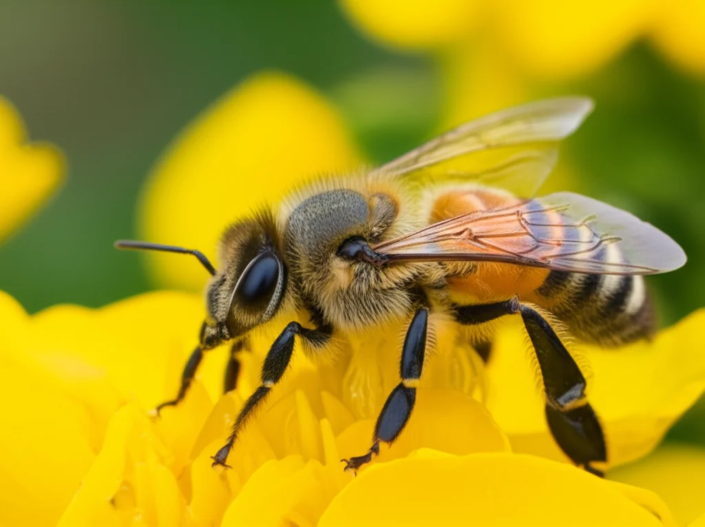 Un'ape solitaria, ripresa con un obiettivo macro da 70mm, intenta a impollinare un fiore di colza in un campo coltivato. L'immagine è caratterizzata da un'elevata definizione dei dettagli, messa a fuoco precisa sull'ape e sul fiore, con illuminazione naturale controllata che esalta i colori vivaci del fiore e la peluria dell'insetto. Lo sfondo è leggermente sfocato per concentrare l'attenzione sul soggetto principale, simboleggiando il delicato equilibrio tra agricoltura e servizi ecosistemici.