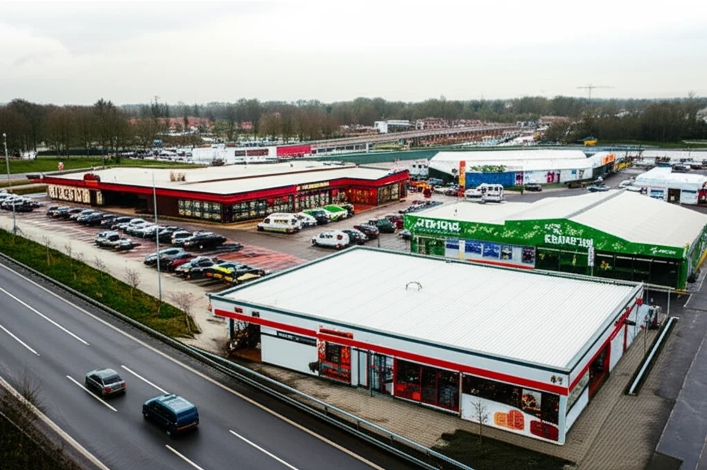 A wide-angle shot of a busy Dutch motorway service area, showing various food outlets and parked cars, capturing the overall environment. Landscape wide angle 10mm, sharp focus.